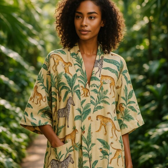 100% Cotton Bath Robe /Kimono Beige One Size - Picture 5 of 5